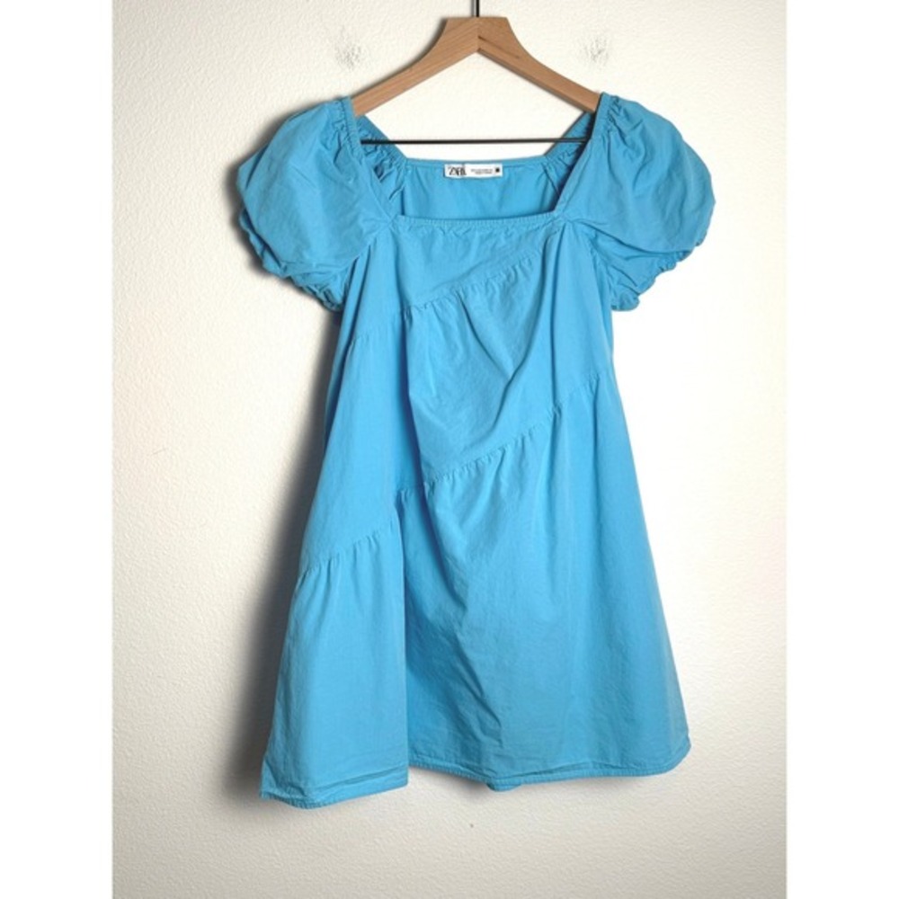 Zara‎ Puff Sleeve Mini Dress XS Blue Cottagecore Tiered Babydoll Square Neck